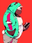 anthro barazoku beard belly big_belly big_butt big_pecs butt cellphone clothing drawstring electronics facial_hair hand_in_pocket hat_over_eyes holding_object holding_phone hoodie male musclegut muscular obscured_eyes overweight overweight_anthro overweight_male pawpads paws pecs phone pockets red_background shirt side_view simple_background smartphone solo tail topwear torn_hoodie super-tuler airpods tairu bear giant_panda mammal 2019 absurd_res digital_media_(artwork) hi_res shaded