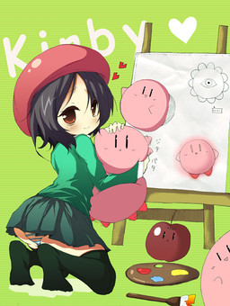 absolute_territory ambiguous_gender apple beret black_hair blush bottomwear breaking_the_fourth_wall brush canvas carrying_another clothed clothing creating_art domestic_pet easel female food fruit fully_clothed green_background group hair hat headgear headwear hug legwear not_furry paintbrush palette panties pattern_background pattern_bottomwear pattern_clothing pattern_panties pattern_underwear petting plant short_hair simple_background skirt solo_focus striped_background striped_bottomwear striped_clothing striped_panties striped_underwear stripes thigh_highs underwear upskirt pixiv_id_60728 kirby_(series) kirby_64:_the_crystal_shards nintendo adeleine_(kirby) kirby alien human mammal waddling_head digital_media_(artwork) unavailable_at_source