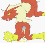 anthro anus biped bodily_fluids butt cock_and_ball_torture cum fur genital_fluids genital_torture male pain purple_eyes red_body simple_background solo tears testicular_rupture white_background yellow_body yellow_fur yellow_sclera keyshop_miss nintendo pokemon blaziken generation_3_pokemon pokemon_(species) absurd_res hi_res