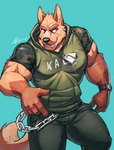 anthro biceps big_muscles black_nose blue_background bottomwear chain clock clothed clothing dog_tags fangs fur jacket jewelry male muscular muscular_anthro muscular_male necklace pants pecs red_eyes scar shirt simple_background smile solo teeth topwear triceps watch canyne_khai kawe canid canine canis mammal wolf 2017 digital_media_(artwork)