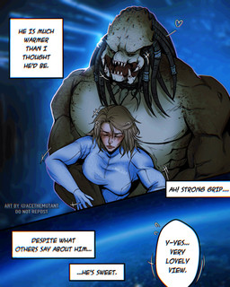clothed clothing dreadlocks duo female hair male male/female mandibles muscular muscular_humanoid muscular_male pseudo_hair size_difference text acethemutant predator_(franchise) alien human humanoid mammal yautja comic english_text hi_res