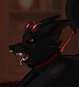 abeth anthro collar eyes_closed facial_piercing female horn leash leash_pull leashed_collar nose_piercing nose_ring piercing ring_piercing solo tongue tongue_out dapper_yapper canid canine canis demon mammal wolf animated