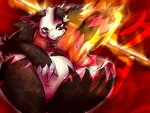 anthro belly black_body black_fur clothed clothing fire fur kemono male overweight overweight_anthro overweight_male sitting solo text weapon white_body white_fur chiro_(artist) fanfan bear giant_panda mammal 2010 4:3