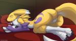 2019 absurd_res anthro anus armwear bandai_namco bridal_gauntlets butt canid canine clothing digimon digimon_(species) eyes_closed female flat_chested fur genitals hi_res kuroodod mammal pussy renamon sleeping solo white_body white_fur yellow_body yellow_fur