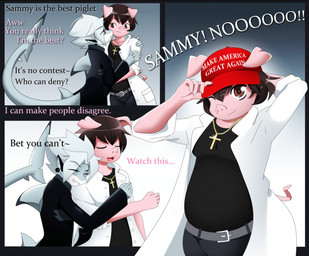 baseball_cap brown_eyes clothed clothing coat collar cross cross_necklace cuddling date dialogue duo ear_piercing fin furgonomic_hat furgonomic_headwear furgonomics grey_body grey_skin hair hat headgear headwear hug jewelry lab_coat long_tail looking_at_viewer maga_hat male necklace one_eye_closed open_mouth piercing pink_body pink_eyes pink_skin short_tail slightly_chubby smile tail text text_on_baseball_cap text_on_clothing text_on_hat text_on_headwear topwear white_hair wink jerohan railgunsharky make_america_great_again sam_(jerohan) aquatic domestic_pig fish mammal shark suid suine sus_(pig) english_text