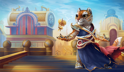 alternate_species anthro atmospheric_perspective building city cityscape clothing detailed_background female footwear group levitating parody pose robe sandals shoes silhouette solo_focus stairs standing alradeck conditional_dnp hasbro magic:_the_gathering wizards_of_the_coast saheeli_rai aquatic cyprinid cypriniform deer felid fish goldfish mammal pantherine tiger official_art signature unavailable_at_source