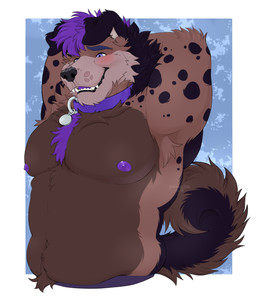 anthro armpit_tuft belly black_body black_fur black_spots brown_body brown_fur clothing collar curled_tail dark_body dark_fur embarrassed floppy_ears fur hair hands_behind_head male musclegut muscular nipples purple_body purple_collar purple_fur purple_hair purple_nipples purple_tongue slightly_chubby solo spots tail tongue underwear bluezeru rydgedshep_(character) canid canine canis domestic_dog german_shepherd herding_dog mammal pastoral_dog half-length_portrait hi_res portrait