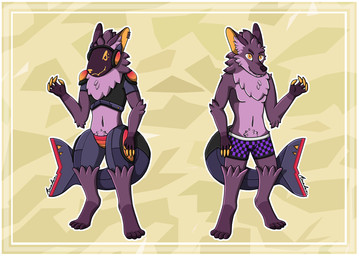 anthro armor border boxers_(clothing) claws clothing duo ear_piercing fur machine male paws piercing purple_body purple_fur screen screen_face shark_tail underwear visor white_border riushi biscus aquatic fish protogen shark model_sheet
