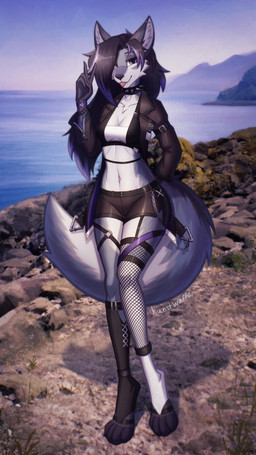 alternative_fashion anthro beach belt blep blinking breasts clothing collar curvy_figure detailed_background ear_piercing female fishnet_clothing fluffy fluffy_tail gesture hand_gesture hourglass_figure industrial_piercing jacket legwear piercing punk sea seaside solo spiked_collar spikes stockings tail thick_thighs thigh_highs tongue tongue_out topwear v_sign water wide_hips kunstwaffe jenna_(baltofurry) canid canine canis fox mammal wolf 2023 9:16 absurd_res detailed hi_res