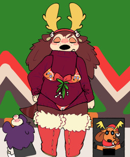 abstract_background anthro antlers bell bikini blush boots bottomless brown_body brown_hair censor_bar christmas_clothing christmas_headwear clothed clothing embarrassed eyes_closed fake_antlers fake_horns female footwear freckled_face freckles front_view frown group hair hat head_bump headgear headwear holidays horn humor jingle_bell legwear mistletoe plant santa_hat shoes shy side-tie_bikini solo_focus spiky_hair standing string_bikini sweater swimwear thigh_boots thigh_highs topwear trio turtleneck two-piece_swimsuit gnwired animal_crossing christmas nintendo jingle_(animal_crossing) label_able sable_able deer eulipotyphlan hedgehog mammal new_world_deer reindeer 2025 digital_media_(artwork) full-length_portrait hi_res portrait
