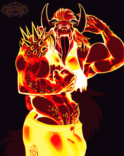 anthro bared_teeth bulge flexing hair horn long_hair looking_at_viewer male muscular muscular_male sharp_teeth solo spikes spikes_(anatomy) teeth teeth_showing tongue tongue_out smol_aberration demon monster absurd_res hi_res