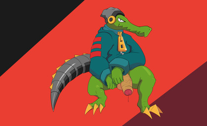 anthro balls beanie biped bodily_fluids bottomless clothed clothing electronics genital_fluids genitals green_body hat headgear headphones headwear humanoid_genitalia humanoid_penis looking_at_viewer male metal_tail non-mammal_balls penis prosthetic simple_background solo tail teeth nsfsushi lethal_league latch crocodile crocodilian reptile scalie 2019 digital_media_(artwork) hi_res