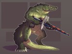 anthro female fingers green_body gun holding_gun holding_object holding_ranged_weapon holding_weapon nude ranged_weapon science_fiction sharp_teeth solo teeth text weapon rube pinwheel_(snekguy) snekguy alligatorid crocodilian krell reptile scalie 2019 digital_media_(artwork) english_text