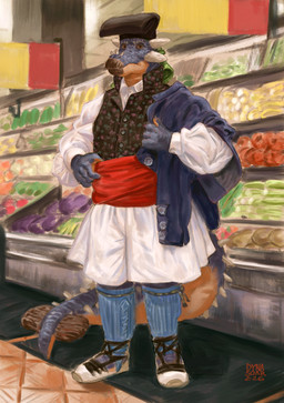 accessory ambiguous_gender anachronistic anthro barretina beak big_sleeves black_clothing black_topwear black_vest blue_body blue_clothing blue_jacket blue_legwear blue_scales blue_stockings blue_topwear bottomwear clothed clothing clubbed_tail facial_horn food footwear garter grocery_store hand_on_belt hat head_horn headgear headscarf headwear historical_dress historical_european_clothing horn impressionist_background inside jacket legwear nose_horn pattern_clothing pattern_topwear pattern_vest plant red_sash regency_period_clothing sandals sash scales self_portrait shirt shoes shorts solo spain spiked_tail spikes spikes_(anatomy) stirrup_legwear stirrup_stockings stockings tail topwear vegetable vest weapon_tail white_bottomwear white_clothing white_shirt white_shorts white_topwear dyna_soar dyna_soar_(dyna_soar) ankylosaurian ankylosaurid dinosaur ornithischian prehistoric_species reptile scalie thyreophoran 2026 digital_media_(artwork) digital_painting_(artwork) full-length_portrait hi_res painting_(artwork) portrait signature