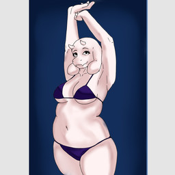 anthro belly bikini black_eyebrows black_eyes breasts clothing collarbone eyebrows eyelashes female fur horn mature_female purple_bikini purple_clothing purple_swimwear slightly_chubby solo swimwear two-piece_swimsuit white_arms white_belly white_body white_breasts white_fingers white_fur white_hands white_horn white_legs junque deltarune undertale undertale_(series) toriel boss_monster_(undertale) bovid caprine mammal 1:1 hi_res