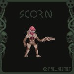 black_background brown_body gun male ranged_weapon simple_background solo standing text weapon fae_helmet_(artist) scorn_(game) protagonist_(scorn) alien alien_humanoid flesh_creature humanoid 1:1 digital_media_(artwork) english_text hi_res pixel_(artwork) signature