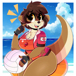 5_fingers anthro ball beach black_nose blush blush_lines border breasts brown_hair chest_tuft cleavage clothed clothing ear_piercing emanata eyelashes female fingerless_gloves fingers gesture gloves hair hand_gesture handwear lifeguard one-piece_swimsuit open_mouth piercing pointing pointing_at_self seaside short_hair solo swimwear teeth thick_thighs tongue topwear tuft volleyball_(ball) whistle_(object) white_border wireless_shiba pearl_aurora mammal mustelid otter 1:1 2023 absurd_res hi_res