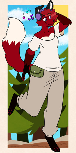 anthro black_body black_ears black_fur black_nose black_paws bottomwear clothing electronics female floppy_ears fluffy fluffy_tail forest forest_background fur hair headphones inner_ear_fluff multicolored_body multicolored_fur musical_note musical_symbol nature nature_background pants plant purple_eyes red_body red_fur red_hair shirt symbol tail topwear tree tuft white_body white_fur white_inner_ear_fluff nerdyreindeer jesam_(jesam) canid canine fox mammal red_fox true_fox absurd_res digital_media_(artwork) hi_res nonbinary_(lore) trans_(lore) trans_woman_(lore)