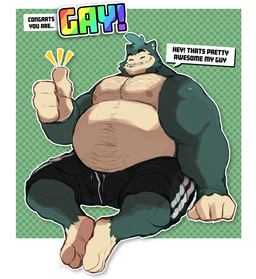 3_fingers 3_toes anthro anthrofied belly body_hair border bottomwear clothed clothing dialogue ear_piercing emanata eyebrows eyes_closed facial_hair feet fingers gesture green_background hand_gesture lgbt_pride male moobs nipples overweight overweight_anthro overweight_male pattern_background piercing pride_colors rainbow rainbow_pride_colors shorts simple_background sitting smile solo talking_to_viewer text thumbs_up toes topless topless_male white_border flufflecraft nintendo pokemon generation_1_pokemon pokemon_(species) snorlax 2020 absurd_res english_text hi_res