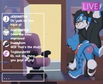 anthro butt_slap clothing dressinggown duo livestream male male/male shirt slap spanking t-shirt text topwear young sqwek felid feline leopardus mammal mustelid ocelot otter bare english_text