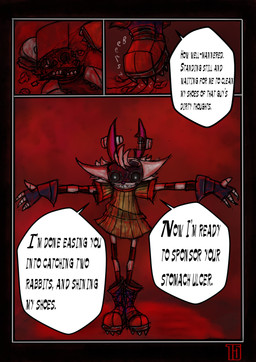 4_fingers black_eyes blood blood_on_face bodily_fluids clenched_teeth clothed clothing clown_nose creepy damaged dirty dirty_clothing female fingerless_gloves fingers flat_chested gloves gore grimace hair handwear loli machine makeup male male/female mask notched_ear rabbit_ears skimpy speech_bubble striped_body stripes teeth teeth_showing text white_hair wide_eyed young burdog naid-y_ampluta android humanoid lagomorph leporid mammal rabbit robot robot_humanoid absurd_res comic digital_drawing_(artwork) digital_media_(artwork) english_text hi_res