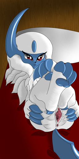 anus bed big_eyes blue_body blue_skin claws feet female feral fur furniture genitals hair horn long_hair looking_forward lying on_back paws pillow red_eyes shadow smile solo spikes spread_anus spread_vulva spreading vulva white_body white_fur wood lewd_lorraine nintendo pokemon absol canid generation_3_pokemon mammal pokemon_(species) absurd_res hi_res