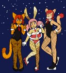 anthro breasts clothing female fishnet_clothing fishnet_legwear footwear fur green_eyes group hair legwear male midriff necktie open_mouth orange_body orange_fur pink_hair red_eyes red_hair shoes tail tail_tuft trio tuft yellow_eyes fiona_(artist) domestic_cat felid feline felis lagomorph leporid lion mammal pantherine rabbit hi_res