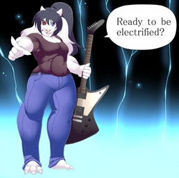 anthro beard black_hair black_sclera blue_eyes bottomwear clothed clothing denim denim_bottomwear denim_clothing electric_guitar electricity facial_hair feet fingernails fluffy_ears goatee guitar hair heterochromia horn jeans lightning long_ears male muscular muscular_anthro muscular_male musical_instrument nails pants plucked_string_instrument red_eyes shirt solo string_instrument text toenails toes topwear funi undertale undertale_(series) fan_character jay_(veedway) boss_monster_(undertale) bovid caprine mammal english_text hi_res