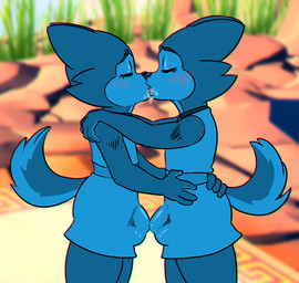 anthro balls_outline blue_body blue_bracelet blue_choker blue_clothing blue_ears blue_fur blue_jewelry blue_necklace blue_nose blue_robe blue_tail blush bodily_fluids bracelet bulge bulges_touching choker clothing detailed_bulge duo eyes_closed french_kissing fur genital_outline hand_on_hip hand_on_shoulder hug jewelry kissing love male male/male multicolored_body multicolored_fur necklace outside penis_outline robe saliva side_view standing tail two_tone_body two_tone_fur two_tone_tail young young_anthro young_male young_on_young charliepops helper_(charliepops) canid canine canis domestic_dog mammal 2025 digital_media_(artwork)