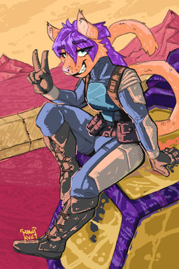 anthro belt belt_pouch blue_eyes boots cat_tail clothed clothed_anthro clothed_female clothing ears_up eyebrows eyelashes female footwear fur gesture gloves hair hand_gesture handwear long_hair long_tail looking_at_viewer mountain orange_body orange_fur outside purple_hair shoes sky smile smiling_at_viewer solo tail teeth teeth_showing v_sign mawkvlt domestic_cat felid feline felis mammal 2:3 absurd_res hi_res