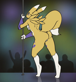 anthro audience being_watched blue_eyes butt crowd exhibitionism female flat_chested fur genitals group looking_at_another nude nude_in_front_of_audience pole rear_view solo_focus stage stripper_pole voyeur vulva white_body white_fur yellow_body yellow_fur feretta bandai_namco digimon canid canine digimon_(species) mammal renamon digital_media_(artwork)