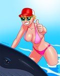 ambiguous_gender big_breasts bikini breasts clothing duo eyewear female feral gesture hand_gesture hat headgear headwear looking_at_viewer navel partially_submerged pink_bikini pink_clothing pink_swimwear sea smile smiling_at_viewer sunglasses swimwear thick_thighs thumbs_up two-piece_swimsuit water wide_hips transient001 dc_comics orca_(dc) cetacean human mammal marine