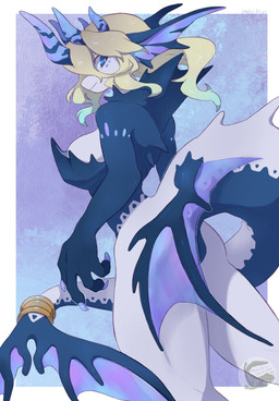 5_horns accessory anthro blonde_hair blue_claws blue_eyes breasts claws female fin furgonomics hair horn jewelry logo long_tail low-angle_view medium_breasts multi_horn non-mammal_breasts ring simple_background solo tail tail_accessory tail_fin tail_jewelry tail_ring text mochiri mythology aquatic aquatic_dragon dragon mythological_creature mythological_scalie scalie 2026 absurd_res artist_logo artist_name cel_shading digital_drawing_(artwork) digital_media_(artwork) hi_res shaded