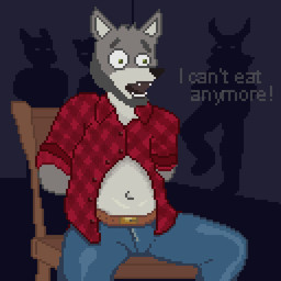 anthro bdsm belly bondage bound chair chair_bondage flannel forced furniture male solo text u4e canid canine canis mammal wolf 1:1 animated animated_gif digital_media_(artwork) pixel_(artwork) pixel_animation short_playtime