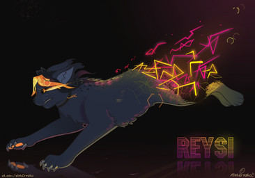 feral fur grey_body grey_fur grin imagination male orange_eyes orange_paws pawpads running smile solo text xleb0rezka fray_(reysi) domestic_cat felid feline felis mammal digital_media_(artwork) hi_res url