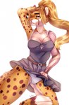 anthro black_spots blonde_hair blue_eyes bow_dress breasts camel_toe clothed clothing colored_edge_panties countershading cybernetic_arm cybernetic_limb dress eyebrows eyelashes female hair hand_behind_head hand_on_hip looking_at_viewer panties ponytail scar simple_background smile solo spots underwear upskirt white_background white_clothing white_panties white_underwear kristiana_puff sydea cheetah felid feline mammal 2019 digital_media_(artwork) hi_res