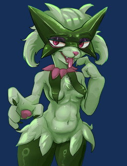 anthro breast_curtains breasts female fluffy genitals green_body small_breasts smug solo teasing tongue tongue_out vulva oldwarwick nintendo pokemon felid feline generation_9_pokemon mammal meowscarada pokemon_(species) alpha_channel hi_res