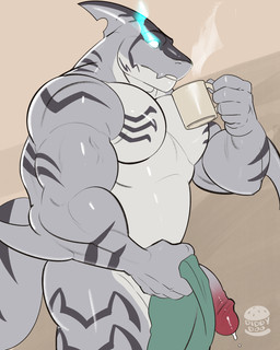 anthro big_muscles coffee_mug container cup dripping_penis embarrassed genitals glowing glowing_eyes grey_body holding_container holding_cup holding_mug holding_object humanoid_genitalia humanoid_penis male mug muscular muscular_male nude pecs penis solo towel diddydoo aquatic fish shark 4:5 hi_res