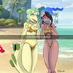 accessory anthro beach bikini blue_eyes brown_hair clothed clothed_anthro clothed_female clothed_human clothing cloud day detailed_background duo female flower flower_in_hair front_view gesture gold_bikini green_body green_hair hair hair_accessory hair_bun hand_gesture long_hair looking_at_viewer navel non-mammal_navel open_mouth open_smile outside palm_tree plant pose skimpy sky smile spiked_tail spikes spikes_(anatomy) standing swimwear tail text tree twin_buns two-piece_swimsuit v_sign water anfitrionaaa goodbye_volcano_high ko_op_(game_developer) snapchat stella_(gvh_beta) dinosaur human mammal ornithischian prehistoric_species reptile scalie stegosaurian stegosaurus thyreophoran 1:1 absurd_res artist_name colored hi_res shaded spanish_text translated