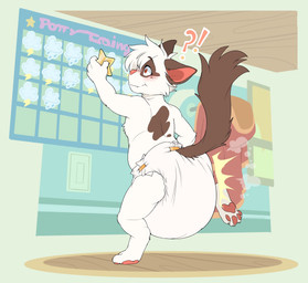 4_fingers 4_toes ambiguous_gender anthro blush blush_lines border brown_body brown_fur brown_spots brown_tail ceiling claws clothing cloud_emanata diaper diaper_puff emanata feces feet finger_claws fingers floor fur green_border holding_object interrobang markings multicolored_body multicolored_fur on_one_leg pawpads pink_inner_ear pink_nose pink_pawpads pooping potty_chart potty_training red_clothing red_robe robe snaggle_tooth soiled_diaper soiling soiling_diaper solo spots spotted_body spotted_face spotted_fur standing sticker tail text toe_claws toes unclean_diaper used_diaper using_diaper wall_(structure) white_body white_diaper white_fur window wood wood_ceiling wood_floor bubblepuppers myst_(daxter131) domestic_cat felid feline felis mammal 2025 english_text full-length_portrait hi_res portrait