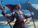 anthro beach biped clothed clothing cloud head_crest male melee_weapon outside polearm seaside sky solo split_form standing topless trident weapon eric_deschamps hasbro magic:_the_gathering wizards_of_the_coast marine merfolk official_art