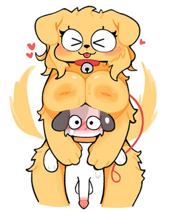 anthro areola arm_tuft bell bell_collar blonde_hair blush blush_lines bodily_fluids boob_hat breasts collar duo elbow_tuft eyelashes female female_anthro fur genitals glans hair heart_symbol hug hugging_another hugging_from_behind jingle_bell jingle_bell_collar larger_female leash male male/female male_anthro mouthless multicolored_body multicolored_fur nervous nervous_sweat nipples orange_collar penis red_collar red_leash red_tongue simple_background size_difference smaller_male smile sweat sweaty_breasts tail tail_motion tailwag tongue tongue_out tuft white_background white_body white_fur yellow_areola yellow_body yellow_ears yellow_fur yellow_nipples yellow_tail ssslommm2 canid canine canis domestic_dog mammal 2026 digital_drawing_(artwork) digital_media_(artwork)