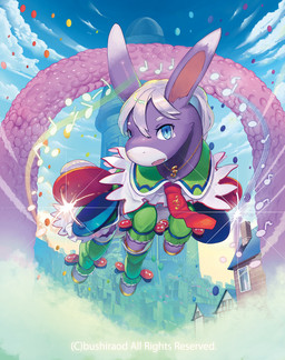 ambiguous_gender anthro balloon blue_eyes hair hooves inflatable jewelry musical_note musical_symbol necklace outside quadruped symbol white_hair takeo_saitou bushiroad cardfight!!_vanguard castanet_donkey asinus donkey equid equine mammal 2018 official_art
