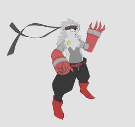 ambiguous_gender anthro belt bottomwear clothing cybernetic_arm cybernetic_limb footwear fur grey_body grey_fur grey_hair hair mask mechanical_arm pants red_eyes shoes solo star white_body white_fur zipper friedkrisp bandai_namco digimon digimon_beatbreak digimon_(species) wolvermon 2026 digital_media_(artwork) hi_res