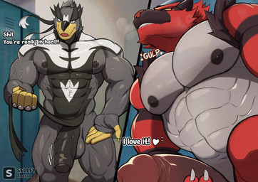 abs anthro big_muscles big_pecs big_penis bodily_fluids duo erection fur genitals glans grey_body grey_fur huge_penis humanoid_genitalia humanoid_penis locker locker_room male male/male muscular muscular_anthro muscular_male nipples pecs penis penis_grab presenting presenting_penis red_body red_fur sweat text thick_penis vein veiny_penis taetae nintendo pokemon felid feline generation_7_pokemon generation_8_pokemon incineroar legendary_pokemon mammal pokemon_(species) single_strike_style_urshifu urshifu absurd_res english_text hi_res
