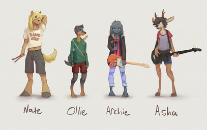 accessory anthro bass_guitar black_hair blonde_hair blue_bottomwear blue_clothing blue_shorts bottomwear brown_body brown_bottomwear brown_clothing brown_eyes brown_fur brown_shorts clothed clothing drumming_stick electric_guitar electronics fur green_clothing green_eyes green_hoodie green_topwear grey_body grey_bottomwear grey_clothing grey_eyes grey_fur grey_shorts group guitar hair hand_behind_head hoodie horn male microphone multicolored_clothing musical_instrument orange_eyes pants percussion_mallet pin_accessory pin_button pink_clothing pink_shirt pink_topwear plucked_string_instrument shirt shorts simple_background string_instrument tan_body tan_fur text text_on_clothing text_on_shirt text_on_t-shirt text_on_topwear topwear white_background twang canid canine canis deer dobermann domestic_dog equid equine horse lagomorph leporid mammal pinscher rabbit 2019 english_text