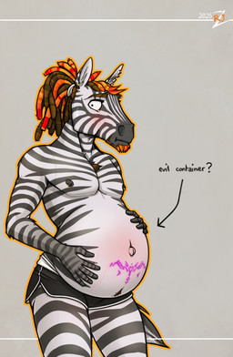 andromorph anthro bottomwear clothing dreadlocks fertility_tattoo hotpants intersex navel nipples outie_navel piercing pregnant pregnant_andromorph pregnant_intersex shorts solo text rj_zenith evil_container rj_(rj_zenith) equid equine mammal zebra 2025 english_text hi_res