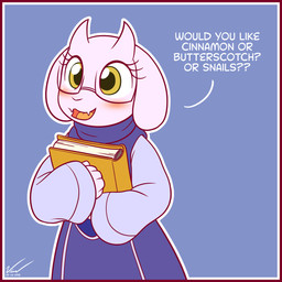 anthro blush book border clothed clothing dialogue eyewear female floppy_ears fur glasses happy horn red_border smile solo text white_body white_fur symbianl undertale undertale_(series) toriel boss_monster_(undertale) bovid caprine mammal 1:1 2015 english_text hi_res