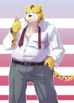 anthro belly big_belly black_nose bottomwear clothing humanoid_hands kemono male overweight overweight_male pants shirt smoking solo topwear yellow_body dv-ch felid mammal pantherine tiger 2011 hi_res