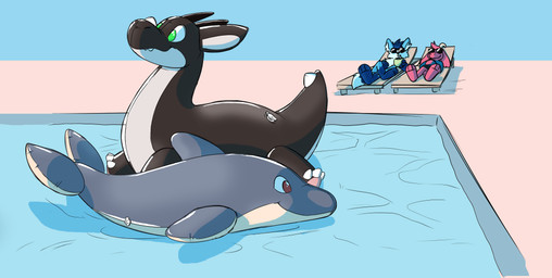 after_transformation beverage blue_body blue_bottomwear blue_clothing blue_fur blue_shorts blue_sweater blue_topwear bottomwear brown_body brown_fur clothing coconut coconut_drink dipstick_tail drupe_(fruit) eyewear facial_horn floating floating_on_water food fruit fur glistening green_eyes group horn immobile inanimate_transformation latex lying male markings nose_horn nozzle nozzle_(valve) nozzle_on_back nozzle_on_hip nude on_back pink_body pink_fur plant pool_chair pool_toy printed_eyes reclining red_eyes relaxing role_reversal shorts sunglasses sweater swimming_pool tail tail_markings tan_body tan_fur topwear transformation white_horn goat_boy9 rawr_(artist) mythology goat_boy9_(character) sockfox aquatic boss_monster_(undertale) bovid canid canine caprine cetacean dolphin dragon fox goat mammal mythological_creature mythological_scalie scalie toothed_whale hi_res